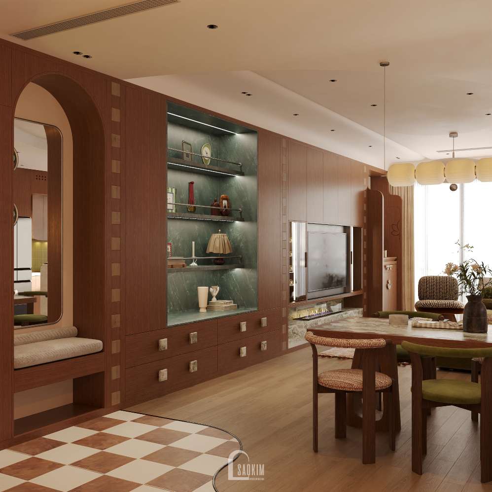 Thiết kế chung cư 3 ngủ Viha Complex Leciva với phòng khách phong cách Mid-Century